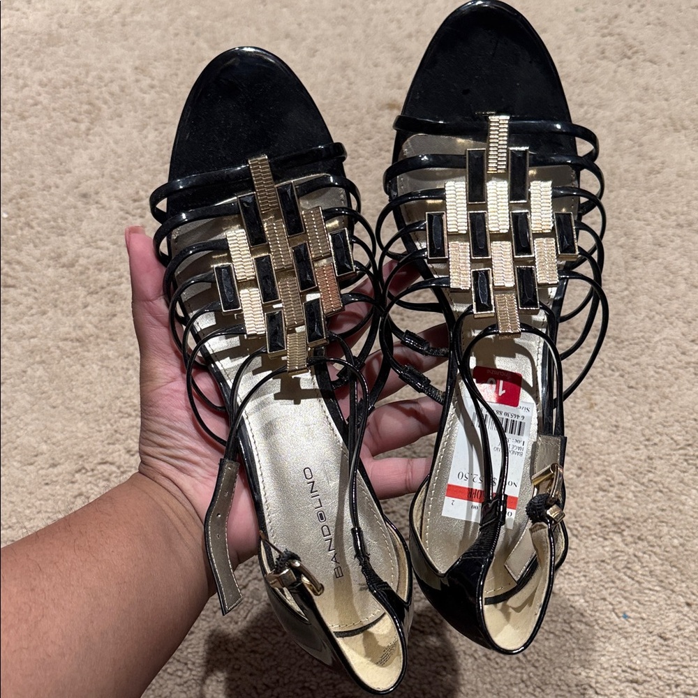 Bandolino Strappy Black and Gold Heels